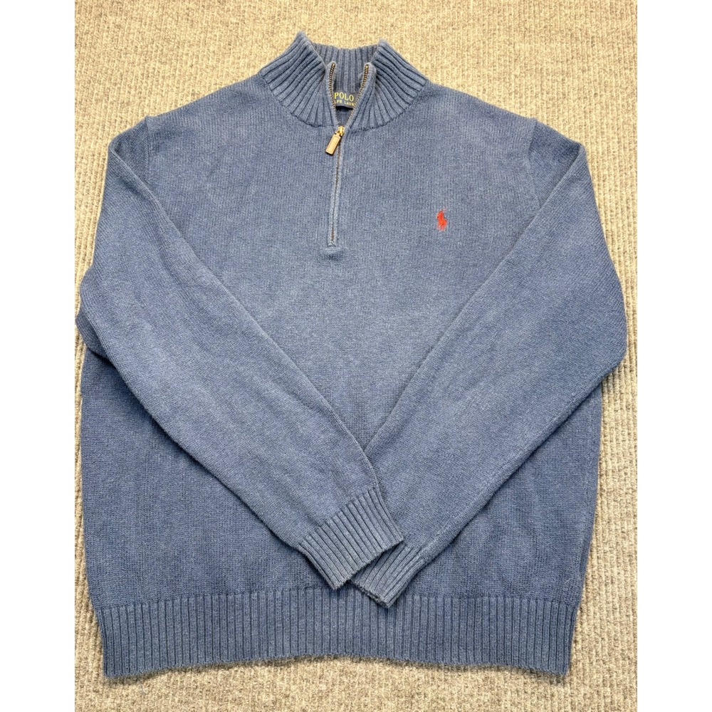 Polo Ralph Lauren Mens XL Blue Cotton Quarter Zip Pullover Sweater Pony Logo